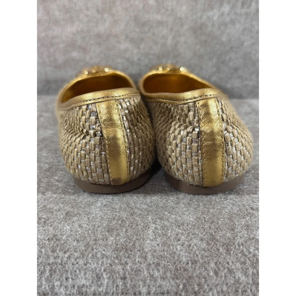 Tory Burch Reva Ballet Flats Womens 7M Gold Woven Raffia Logo Medallion Preppy
